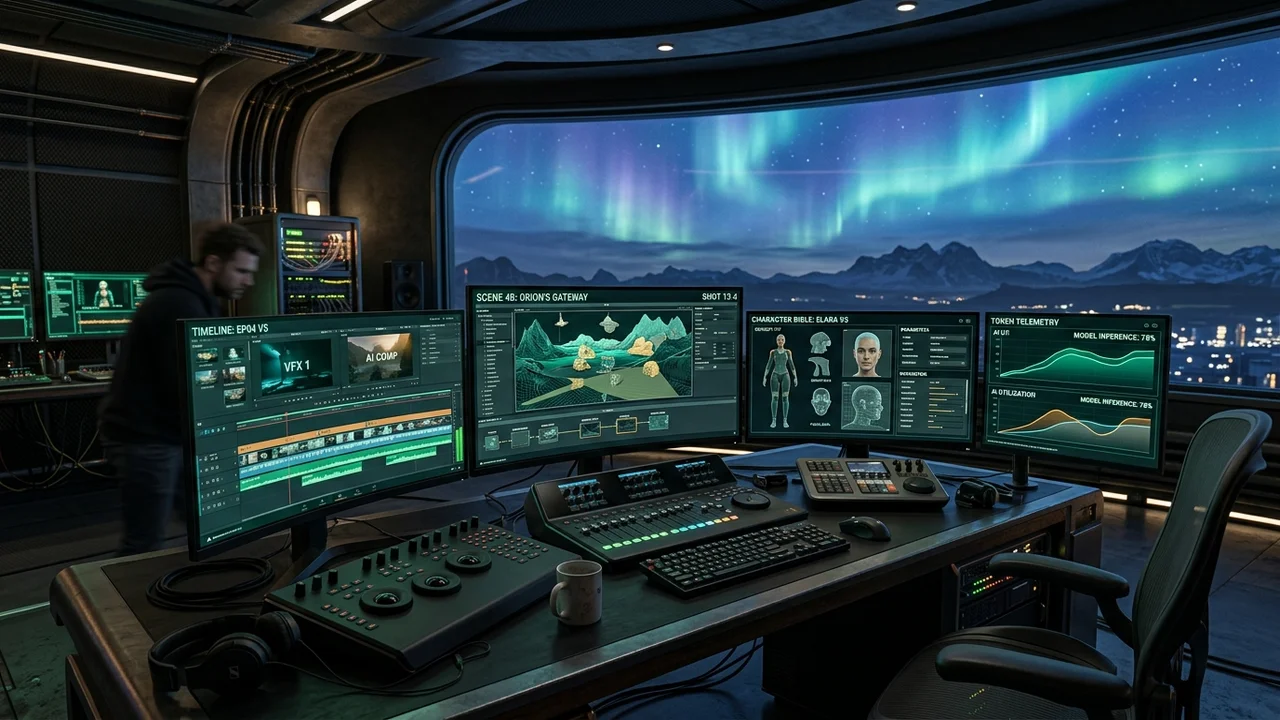 Photorealistic dark aurora themed editing suite with multi-track timeline monitors displaying generative animated scenes.