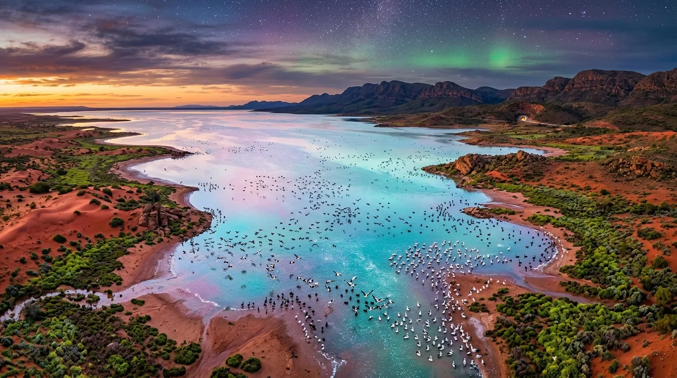 Australia Lake Eyre inland sea concept art showing deep blue water stretching across red-earth desert horizons with lush eucalyptus corridors under dark aurora skies.