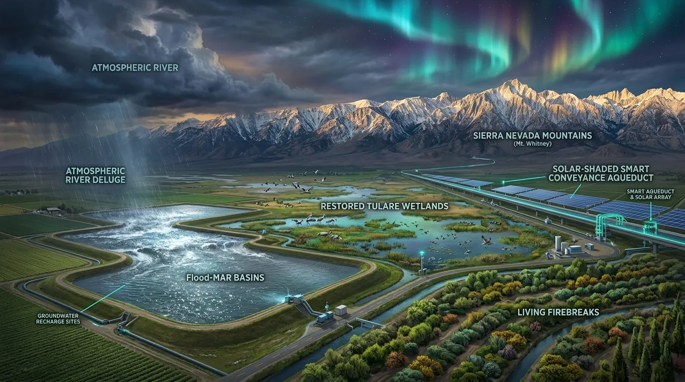 California macro-water capture concept art showing Flood-MAR basins, restored Tulare wetlands, and living green firebreaks under snowcapped Sierra Nevada peaks.