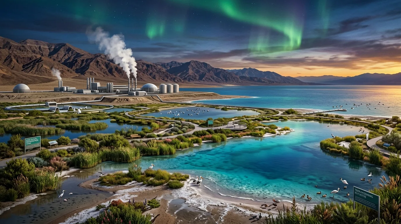 Ecological restoration concept art of terminal sinks showing stabilized mineral shorelines, thriving riparian vegetation, and geothermal facilities under dark aurora skies.
