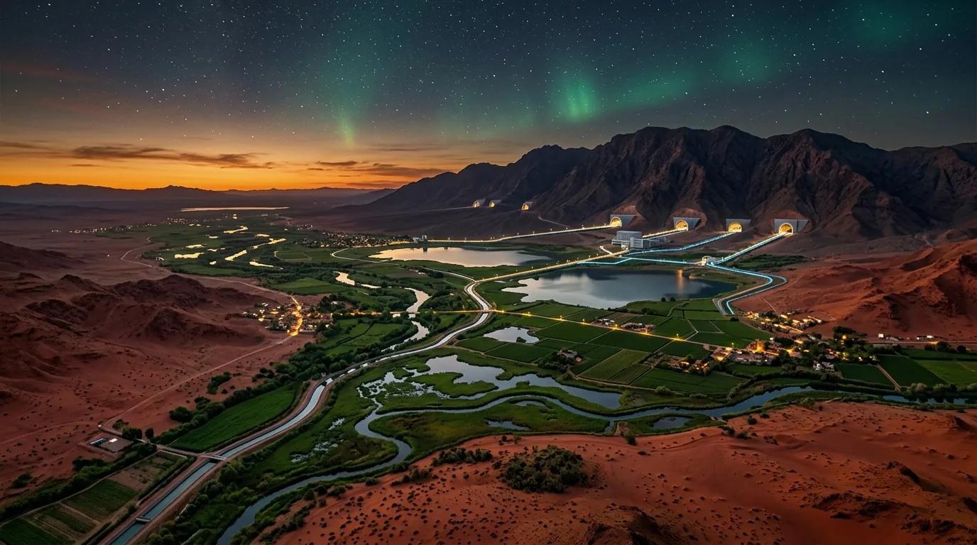 Continental hydrology concept art showing turquoise water reservoirs, penstocks through mountain canyons, and blooming desert oases under a dark aurora sky.
