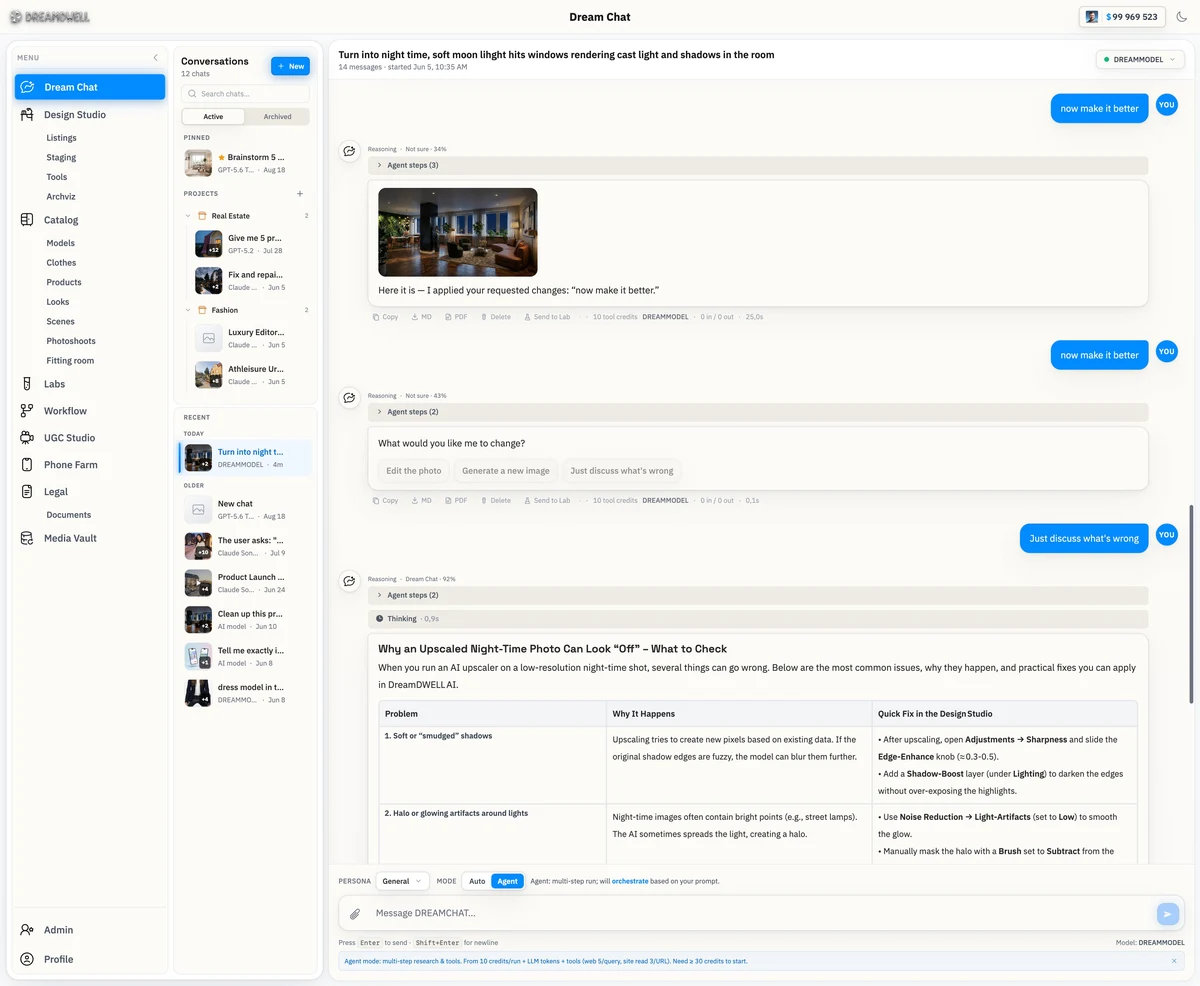 Pavel Sich's DreamChat production screenshot showing user prompt 'now make it better' evaluated by Jev at 34% confidence, presenting a structured disambiguation menu to prevent burning expensive vision credits.