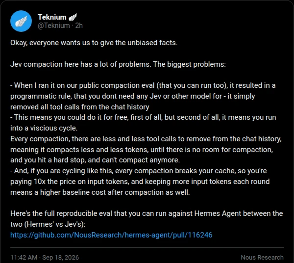 Teknium's post on X breaking down why Jev session compaction is an anti-pattern: programmatic rule collapse, vicious token cycle, and cache invalidation.