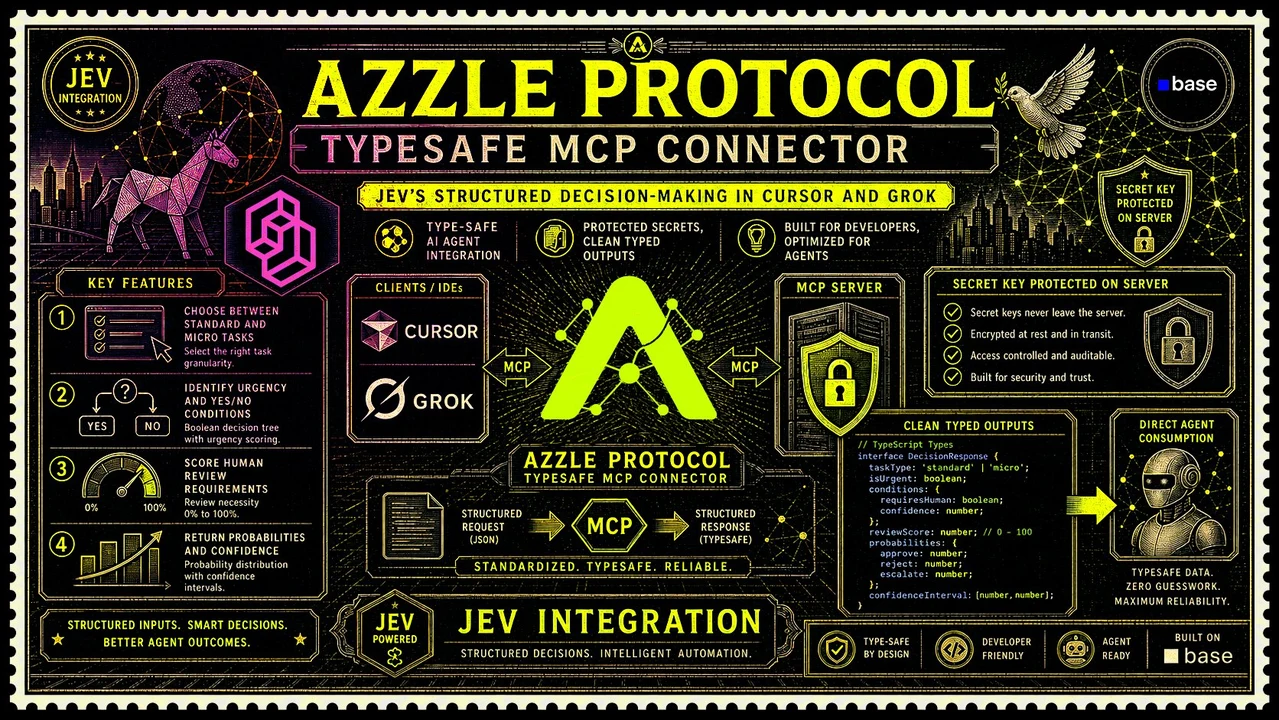 Azzle Protocol TypeSafe MCP Connector architecture showing structured tool definitions, Cursor and Grok IDE integration, and typed output verification.