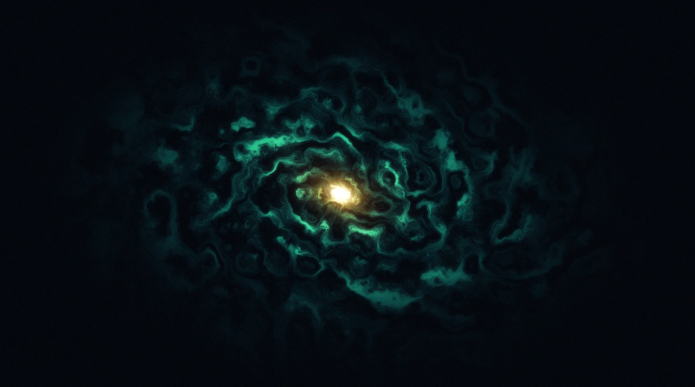 Swirling vortex of fluid spiraling inward and stretching like spaghetti against a dark background, visualizing finite-time singularity in Navier-Stokes flow, no text.