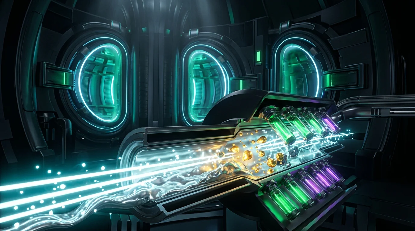 Cross-sectional engineering render of a Deuterium-Tritium fusion tokamak breeding blanket transmuting silver liquid mercury into glowing golden channels via 14.1 MeV fast neutrons.