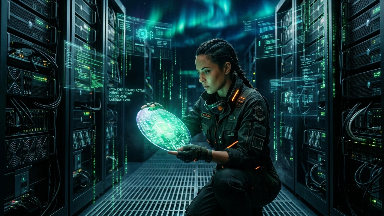 Video preview frame showing datacenter hardware and software engineer inspecting wafer scale chip.