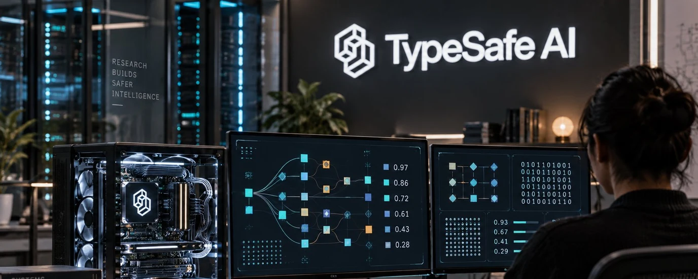 Engineering workstation with TypeSafe AI neon signage and multiple displays showing decision trees, probability distributions, and system telemetry.