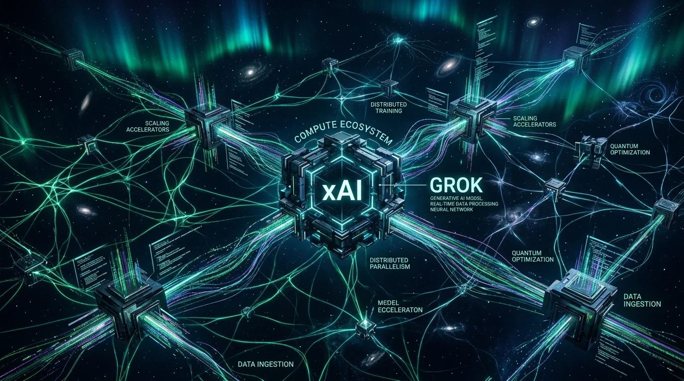 Conceptual architectural render of the xAI and Grok compute ecosystem featuring glowing neural filaments and isolated glass compute pillars in dark aurora style.